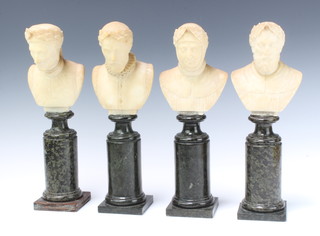 Four carved "alabaster" head and shoulders portrait busts - Dantie Lasso and Ariosto, all raised on turned granite pedestals 34cm h x 8cm x 8cm 