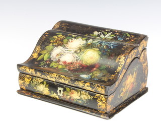 A Victorian black and floral patterned papier mache stationery box with stepped fitted interior and hinged lid 13cm h x 23cm w x 17cm  
