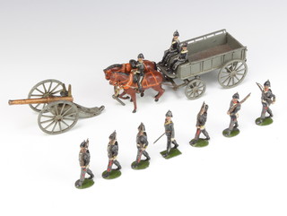 A Britains military cart with 2 figures, the base marked 1906 together with a field gun, infantry officer and 6 soldiers 