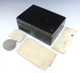 Halstaff and Hannaford, a 19th Century black leather deed box 13cm x 36cm x 25cm complete with key, containing an indenture dated 2nd October 1722 and a lease dated 27th June 1779, a Victorian Duchy of Lancaster grant of rent and 5 other documents  