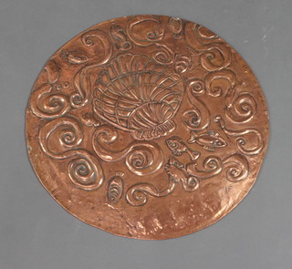 A circular Newlyn style embossed copper plaque 42cm  diam. 