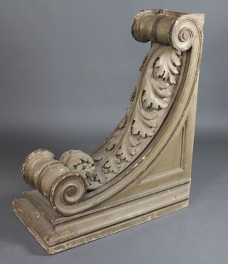 A large Victorian carved pine and painted scroll shaped bracket 110cm x 107cm x 34cm 
