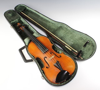 An unlabelled violin with 2 piece back 35.5cm complete with bow, contained in a plastic carrying case 