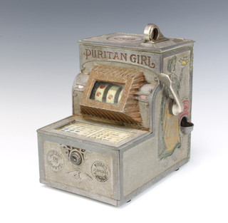 O. D. Jennings & Co, a 1928 Puritan Girl payout slot machine no. 1201, 26cm h x 19cm w x 26.5cm d together with a collection of tokens (no keys) . 