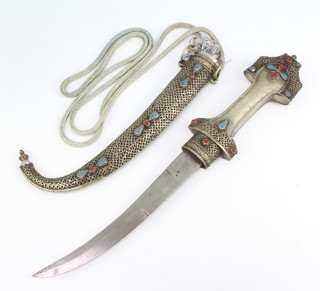 A silver plated jambuka with hardstone set grip and scabbard 30cm 