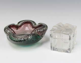 A Tiffany and Co glass box in the form of a wrapped gift 8cm and a Murano glass freeform dish 17cm 