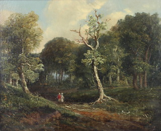 19th Century oil on canvas, unsigned, figures in a country landscape 20cm x 26cm 