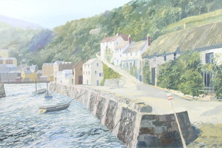 Justin Blake, oil on board signed, study of Lynmouth Harbour 39cm x 59cm 