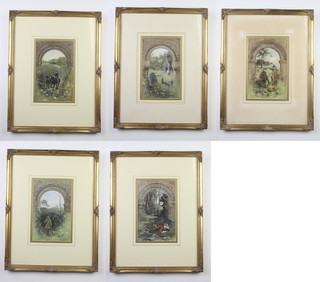 Norman Davies, watercolours, rural scenes with figures, a set of 5, 22cm x 14cm 