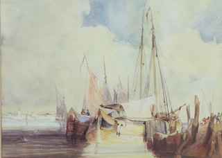 A 19th Century watercolour, unsigned, Continental harbour scene with boats and figures 18cm x 25cm 