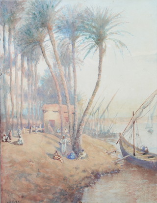 Will Perry, watercolour signed, figures on the banks of the River Nile with fishing boats  34cm x 27cm  