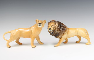 A Beswick figure of a lion facing left no.2089 by Graham Tongue 14cm, golden brown gloss and a lioness facing right no.2097 by Graham Tongue 14.6cm, golden brown gloss 