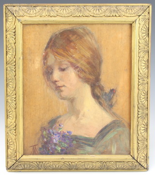J N, oil on board, monogrammed, portrait of a young lady 20cm x 17cm, contained in a carved gilt frame 
