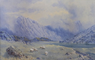 Edwardian watercolour, monogrammed, GP, a mountainous landscape with grazing sheep, 29cm x 36cm 