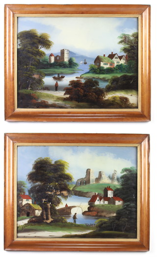 Edwardian reverse paintings on glass, a pair, river landscapes with figures and buildings contained in maple frames 41cm x 54cm 