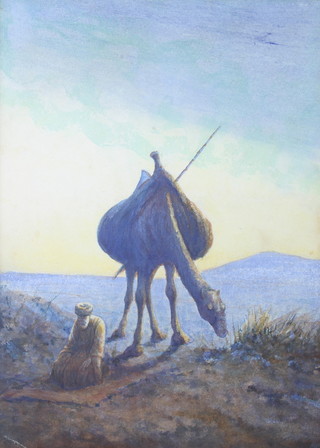 W Perry, watercolour, unsigned, a moonlit desert scene with camel and rider 37cm x 27cm 