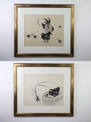 20th Century Japanese watercolours, a pair, signed, chickens and chicks, 30cm x 37cm 