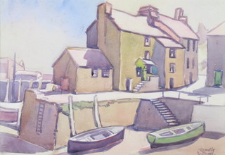 Robert Sydney Rendle Wood (1895-1987), watercolour signed, old houses on the quay at Polperro 26cm x 37cm 