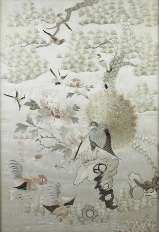 19th Century Japanese silk work embroidery of exotic birds amongst trees 56cm x 37cm 