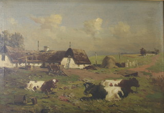 Early 20th Century Continental oil on canvas, indistinctly signed, cattle before a farm 43cm x 63cm 