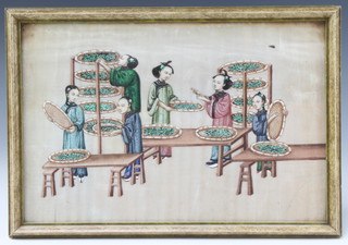 Six 19th Century Chinese watercolours on rice paper, figures at pursuits gathering crops 17cm x 27cm 
