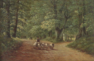 J Prentice, oil on board signed, shepherd and flock walking a country lane 18cm x 28cm 