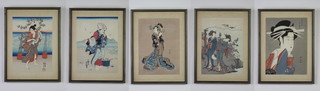Five 19th Century Japanese woodblock print of a geisha, ditto of a water carrier, a lady collecting shells, a geisha and two ladies, all 24cm x 18cm, framed  