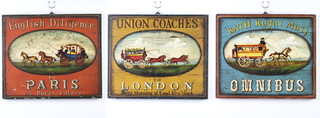 Three painted coaching panels in the style of the antique "Union Coaches to London, Bath Royal Mall, Omnibus and English Diligence to Paris" 29cm x 35cm 
