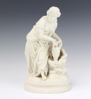 A Victorian parian figure of a water carrier on a raised base, 32cm  