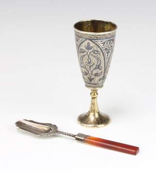 A silver and niello kiddush cup 10.5cm together with a spoon with hardstone handle 