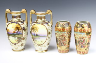 A pair of 2 handled Noritake vases with landscape views 28cm, a pair of Japanese oviform vases decorated with figures 20cm 