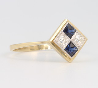 An 18ct yellow gold sapphire and diamond ring, the 2 diamonds approx 0.30ct, size P 