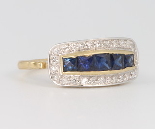 An 18ct yellow gold Art Deco style sapphire and diamond ring, sapphires approx 2ct, diamonds 0.3ct, size M 