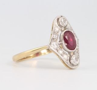 An 18ct yellow gold Art Deco style ruby and diamond ring, the oval cut ruby approx 0.55ct surrounded by 12 brilliant cut diamonds, size L 1/2