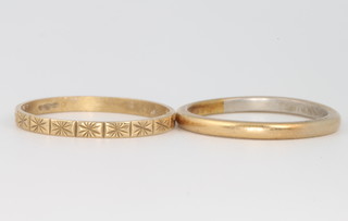 An 18ct yellow gold wedding band size Y and an 18ct yellow gold and platinum ditto size V, 7 grams 