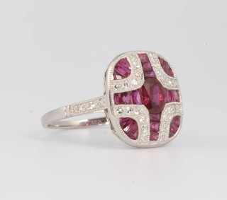 A platinum Art Deco style ruby and diamond ring size N 