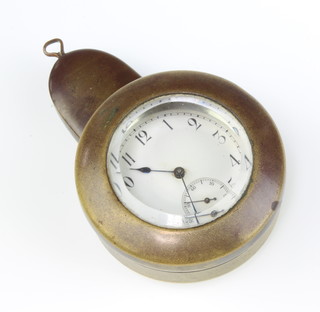 A silver mechanical pocket watch with seconds at  6 o'clock contained in a 935 case with a bevelled glass mounted brass suspension case 