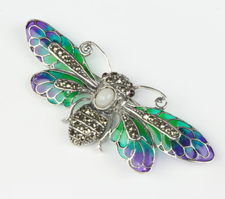 A silver enamel, opal, marcasite and ruby butterfly brooch 77mm 