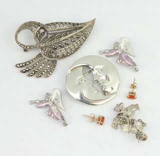 A silver marcasite brooch and minor silver brooches
