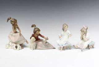 A Lladro matt figure of a lady with telephone and Dalmatian no.2310 (lacking hand set) 20cm, ditto of a girl with poodle 17cm, 2 other figures 