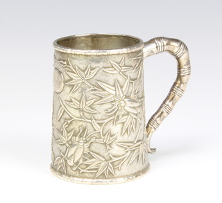 An early 20th Century Canton cast silver mug decorated with bugs amongst flowers by Khecheong 8.5cm, 170 grams