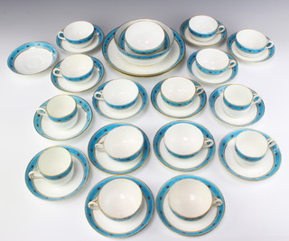 An Edwardian  Minton tea and coffee set with turquoise banded decoration comprising 4 coffee cups, 11 tea cups, 18 saucers, 2 sandwich plates, sugar bowl and a slop bowl 