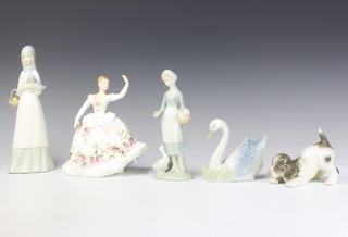 A Royal Doulton figure - Shirley HN2702 19cm, a Continental figure of a dog and 3 other figures 