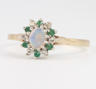 A 9ct yellow gold opal, diamond and emerald cluster ring, 1.7 grams, size Q 1/2