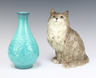 A Beswick figure Persian cat 1867, seated looking up grey shaded gloss by Albert Hallam 21.6cm together with a ditto Turquoise Cathay vase 2385 19cm 