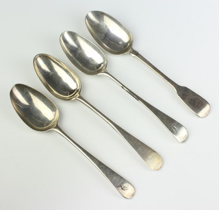 A George III Old English pattern silver table spoon, London 1771 and 3 others, 272 grams 
