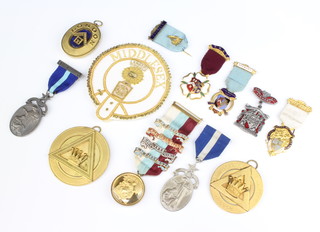 A Royal Masonic Benevolent Institute jewel, 2 gilt metal Past Zed's jewels, an LGR jewel and a collection of Masonic charity jewels 