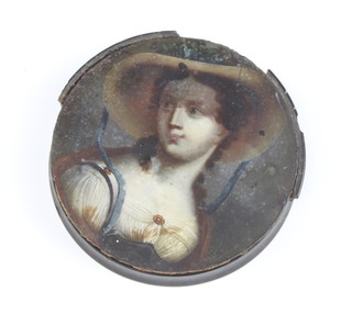 An early 19th Century papier mache circular snuff box painted with a portrait of a young lady wearing a bonnet 9cm 
