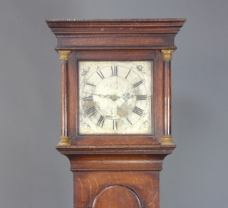 Irish of Steyning, an 18th Century 30 hour longcase clock with 25.5cm silvered dial contained in an oak case, the back with paper label marked - This clock was purchased by Richard Trowler 1830, case 198cm h complete with pendulum and 1 weight 