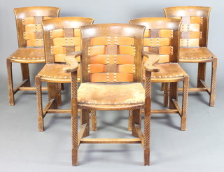 A set of 5 Arts and Crafts oak tub and splat back dining chairs with woven leather panels to the backs and leather seats, raised on square supports - 1 carver, 4 standard 